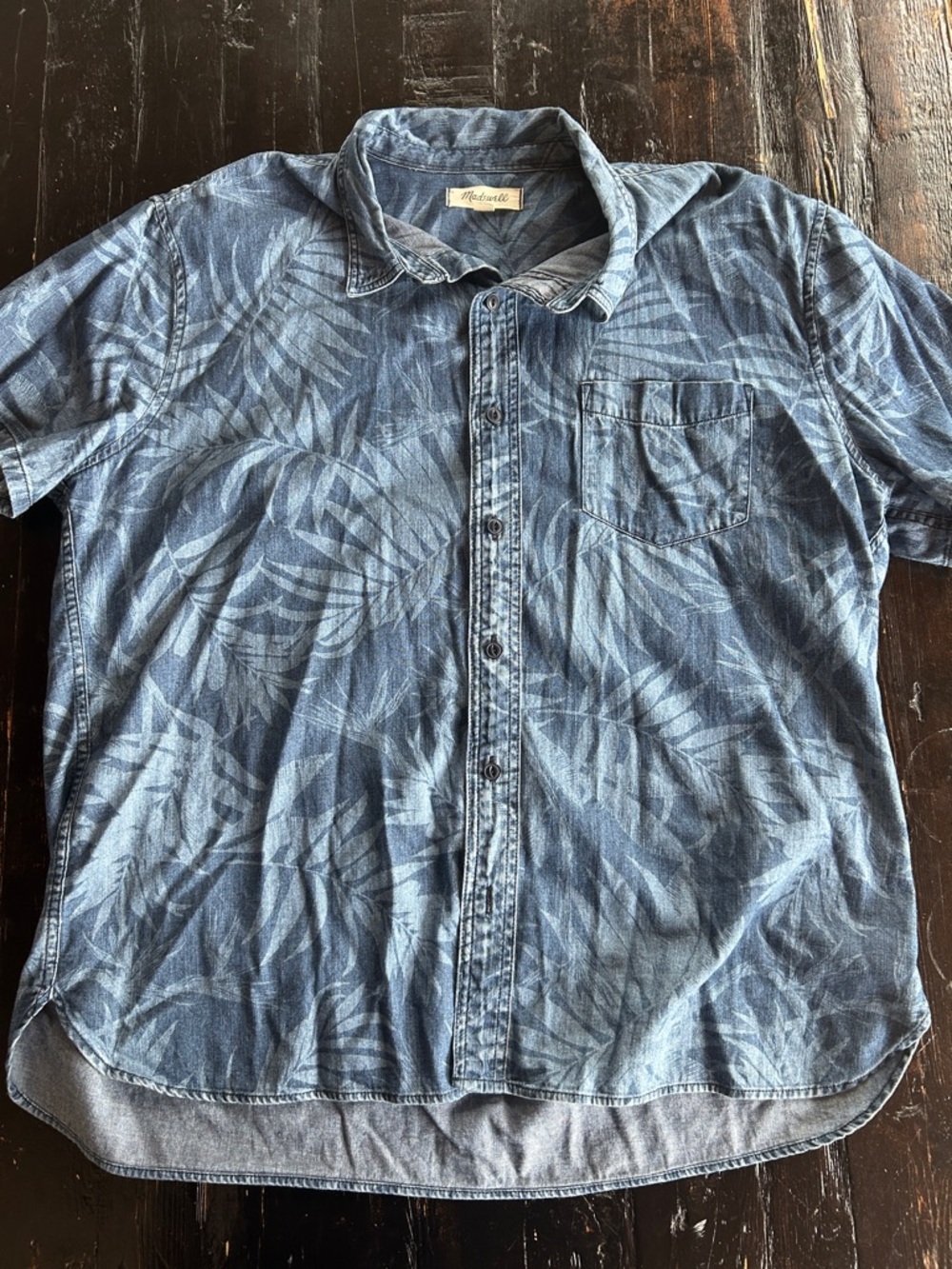 Madewell Men's Blue Leaf-Print Short Sleeve Button-Down Shirt